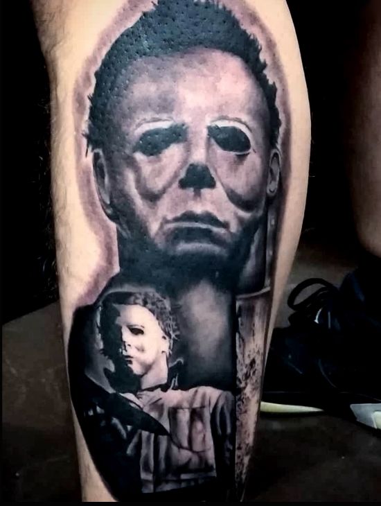 Black and grey horror-movie portrait tattoo on a lower leg
