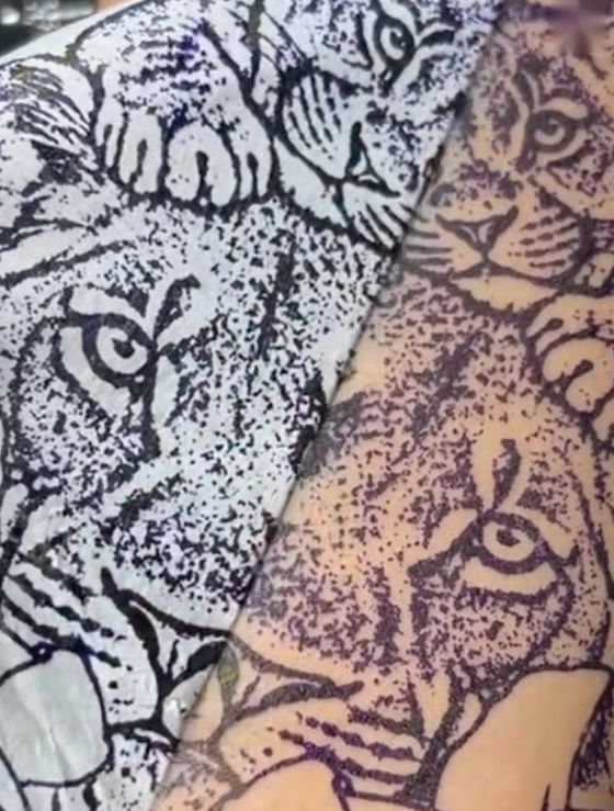 Dotwork tiger faces tattoo wrapped around an arm