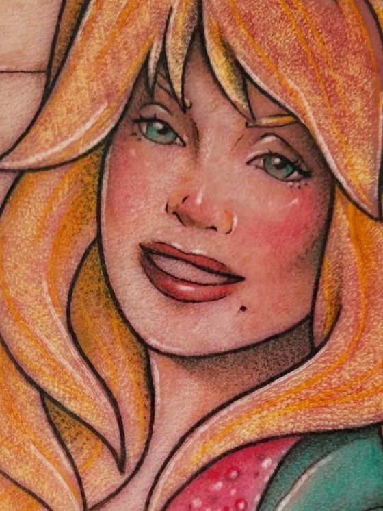 Illustrated color portrait tattoo of a woman with blonde hair
