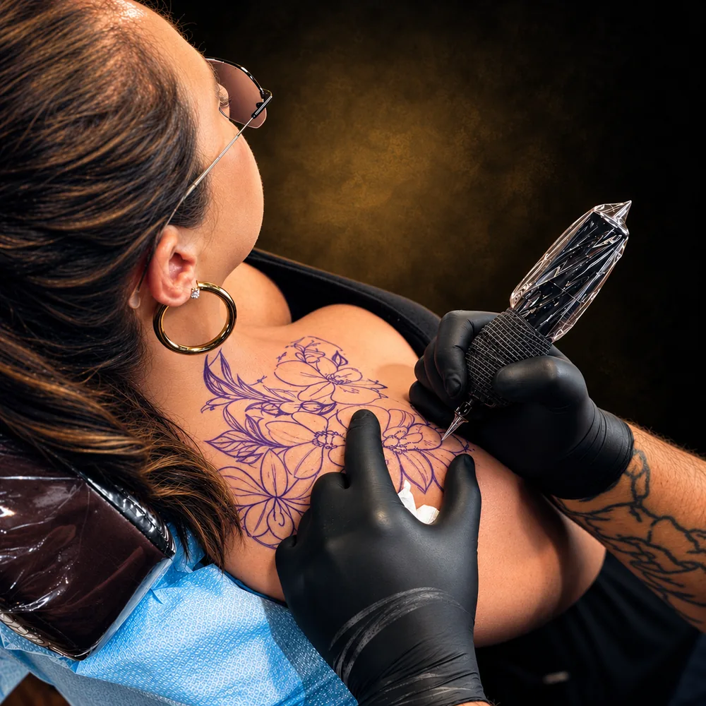 A True Alchemy tattoo artist outlining a floral design on a client's shoulder